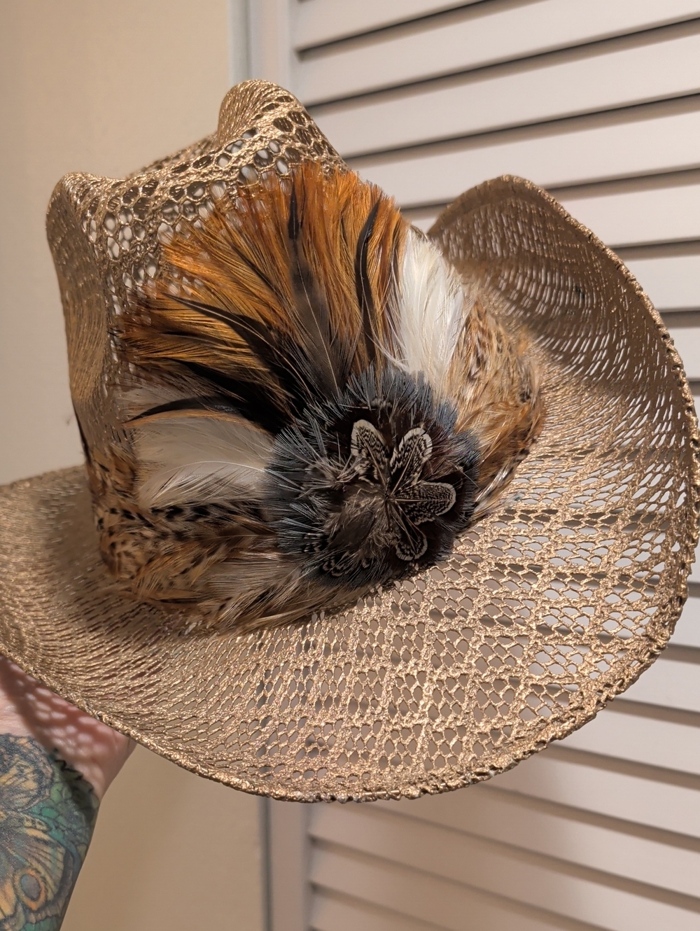 Straw Cowboy Hat with Feather Accent -  Gold